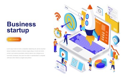 business startup modern flat design isometric concept. launch work and people concept. landing page template. conceptual isometric vector illustration for web and graphic design.