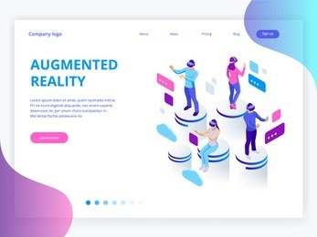 isometric virtual reality, augmented reality concept. men and woman wearing virtual reality glasses. work, learning and entertaining. vector illustration.