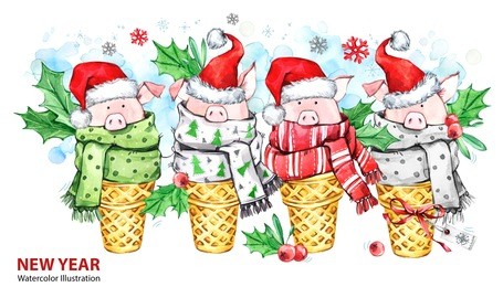 2019 happy new year illustration. christmas border. cute pigs with santa hat in waffle cones. greeting watercolor dessert. symbol of winter holidays. perfect for calendar and celebration cards.