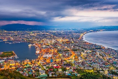 hakodate, hokkaido, japan city skyline from mt. hakodate at dawn.