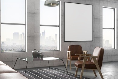 blank poster on concrete wall in modern loft style living room with brown leather furniture and city view. 3d rendering
