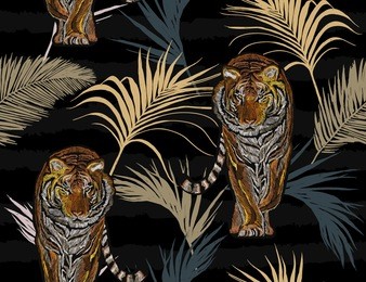 beautiful seamless vector japanese  summer pattern background with tropical palm leaves, tiger. perfect for wallpapers, web page backgrounds, surface textures, textile. janapese fashion ornament