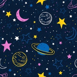 vector space seamless pattern with colorful planets and stars. night sky hand drawn doodle multicolor background