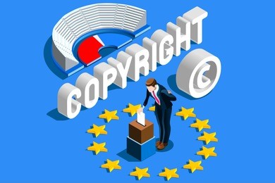 copyright european regulation. european union parliament voting content property copyright law. europe author rights protection vote. eu flag flat isometric vector illustration.