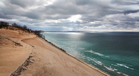the lake michigan overlook at sleeping bear sand dunes, (don't run down this dune unless you are in good physical condition, the only way back is up), michigan, usa