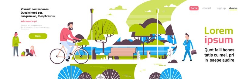 man cycling bike city park people activities green lawn trees wooden bench river landscape background copy space banner flat vector illustration