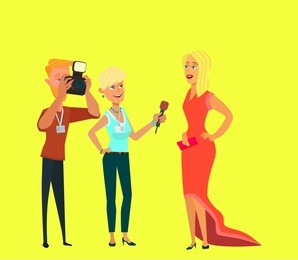 celebrity and journalists. young female elegant star, famous well-known person, newspaper or magazine men photographing her, mass media gathering hot news. vector illustration in cartoon style.