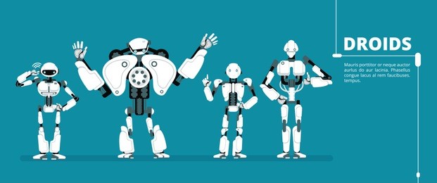 cartoon robot android, cyborg group. artificial intelligence vector futuristic background. ai robotic, cyber and cyborg robot, android humanoid machine illustration