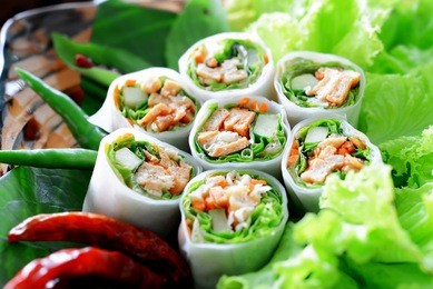 delicious vietnamese spring roll with vegetable and chili