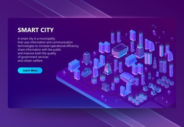 vector site with 3d isometric megapolis, city in violet colors. network portal with button. collection of houses, skyscrapers, buildings with ultraviolet lighting on background