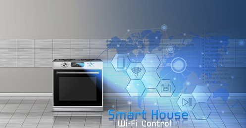 vector concept illustration of smart house, internet of things, wireless digital technologies to manage and control household appliances. background with kitchen stove and blue virtual touch screen