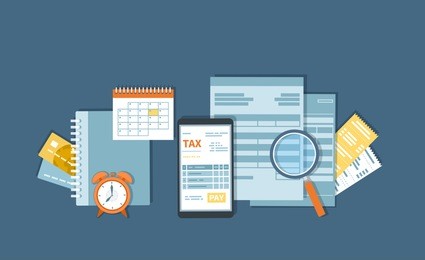 tax payment via phone. mobile payment service. government, state taxes. tax form, financial calendar, magnifying glass, bills, checks, credit card, invoices, alarm clock. vector background.