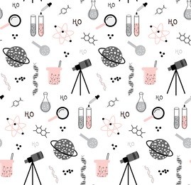 hand drawn set of science elements seamless pattern. background with atom, chemical molecule, telescope, asteroid, school doodles. creative trendy kids texture for fabric, wrapping, wallpaper.
