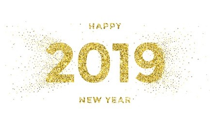 2019 happy new year greeting card of vector golden stars glitter confetti for christmas holiday celebration on white sparkling background