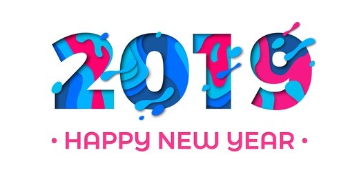 happy new year 2019 greeting card with paper cut effect of color multilayer vector numbers for christmas holiday celebration background
