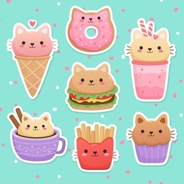  illustrations of food in the shape of a cute cat. milkshake, ice cream, donut, hamburger, muffin, cappuccino, french fries. kawaii vector set 