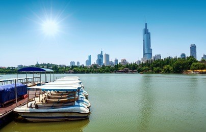 nanjing cityscape, china, xuanwu lake financial district.