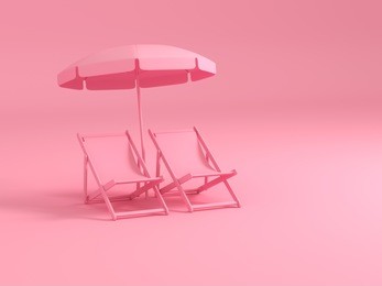 luxury pink chairs and umbrella on pastel pink background. summer with love. 3d rendering illustration