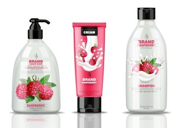 raspberry cosmetics bottles set collection vector realistic. liquid soap, hand cream, shampoo raspberry containers mock up. product packaging design 3d illustrations