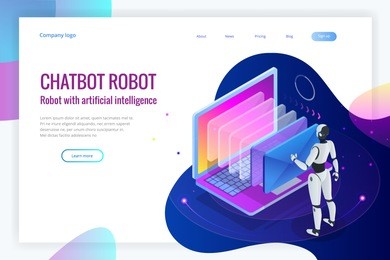 isometric robots man with artificial intelligence working with a virtual interface in chatbot emails. message online chat social text vector illustration