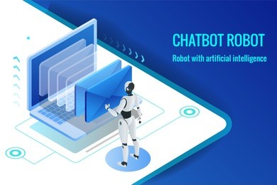 isometric robots man with artificial intelligence working with a virtual interface in chatbot emails. message online chat social text vector illustration
