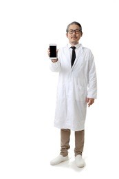 the asian doctor standing on the white background.