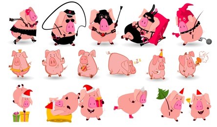 set of chinese symbol of the 2019 year pig with different emotions. vector isolated illustration. creative design of the new year's card in 2019 pig