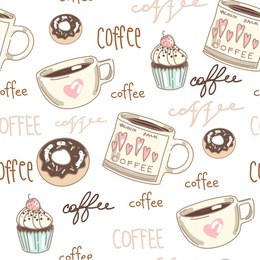 vector set collection design seamless pattern with hand drawn cute sweet coffee cups and desserts