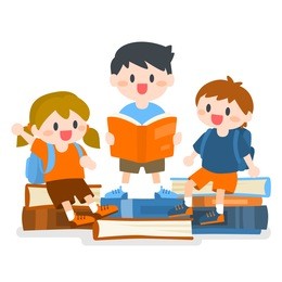 children, boy and girl studying with books, back to school illustration