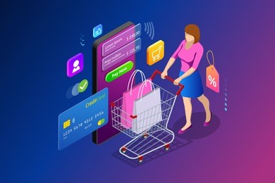 isometric smart smartphone online shopping concept. smartphone turned into internet shop. mobile marketing and e-commerce. vector illustration