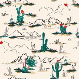 seamless pattern vector summer cactus on desert mix with beautiful blooming succulents flower for fashion fabric and all prints on light beige sand background.