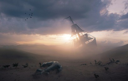 surreal image of a shipwreck in the desert with a lost anchor