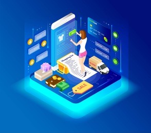 concept of a modern graphic vector banner, for web design online store and application. e-commerce. isometry and 3d design. shopping cart wiht purchases and goods.