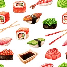 watercolor hand drawn seamless pattern with sushi, sashimi, rolls, ginger, soy sauce, wasabi and chopsticks. japanese food background