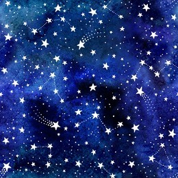 watercolor seamless space pattern with constellations and stars. astronomical blue background