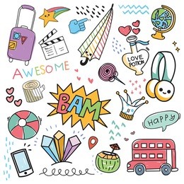 set of design element and icon in hand drawn doodle style vector illustration