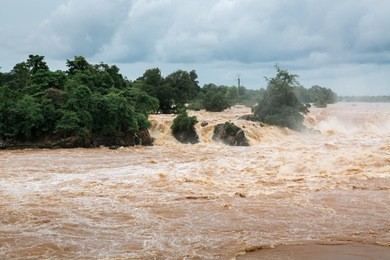 water flood on river after heavy rain in pakse, southen laos
