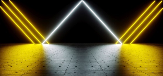 futuristic sci fi yellow and white neon tube lights glowing in concrete floor room with reflections empty space 3d rendering illustration