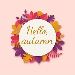 autumn leaves wreath in paper art style. origami card design. hello autumn. vector template for your design.