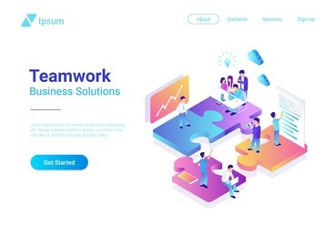 isometric flat vector management teamwork business people on puzzle parts. finance concept illustration.