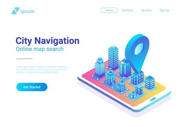 isometric flat 3d city map in mobile phone navigation vector illustration concept.