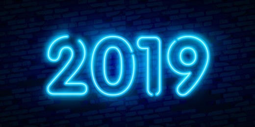 2019 new year concept with colorful neon lights. retro design elements for presentations, flyers, leaflets, posters or postcards. vector illustration