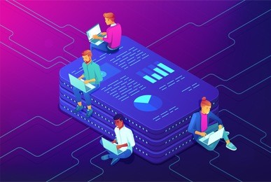 marketing strategy isometric concept. long-term planning, goal achieving, strategic management, market share analysis, digital analysts teamwork on ultraviolet background. vector 3d illustration.