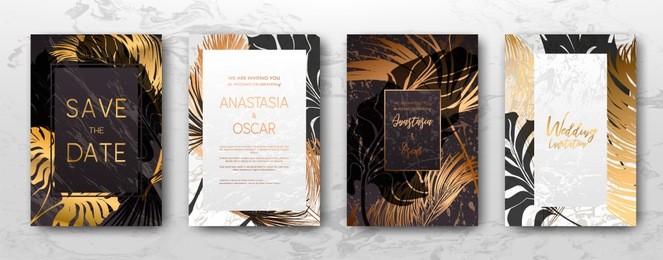 wedding invitation with gold palm leaves, black, white marble template, artistic covers design, colorful texture, leaf backgrounds. trendy pattern, graphic gold brochure. luxury vector illustration.