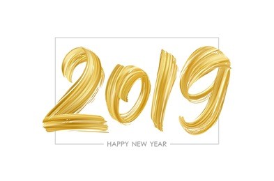 vector illustration: hand drawn brush stroke golden paint lettering of 2019. happy new year 