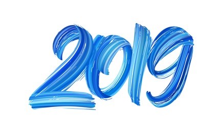 vector illustration: hand drawn brush stroke blue paint lettering of 2019. happy new year 