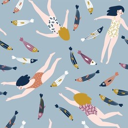 cute hand-drawn repeat pattern design with swimming girls and fish. underwater seamless background. vector illustration.stylish summer fabric design.