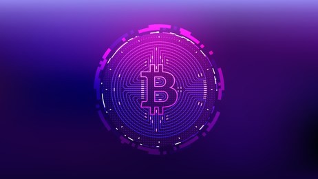 cyberpunk bitcoin futuristic sci-fi technology cryptocurrency textured coin hi-tech illustration. isolated on blue mesh background