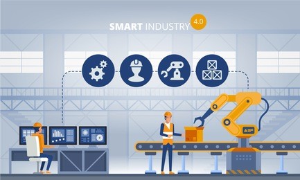 industry 4.0 smart factory concept. workers, robot arms and assembly line. technology vector illustration