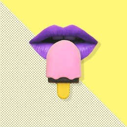 contemporary art collage of ice cream on purple lips. fashion food 